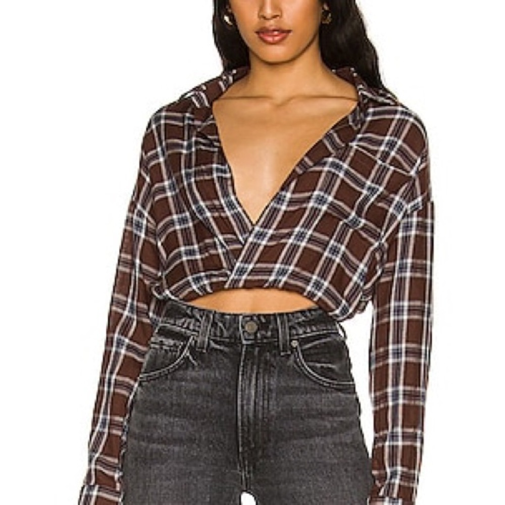 NWT SUPERDOWN Rae Crop Top in Brown Plaid